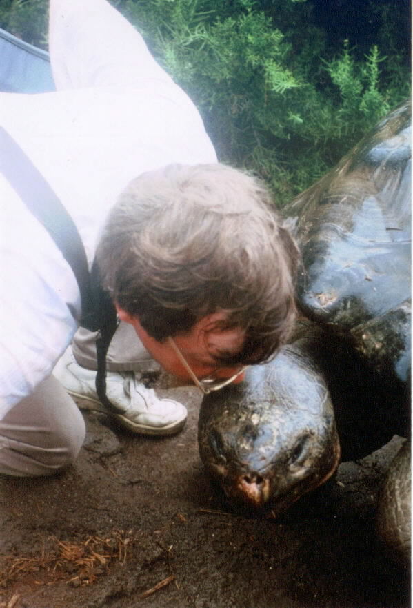the author with a Galapagos tortoise who was alive during Darwin's lifetime
